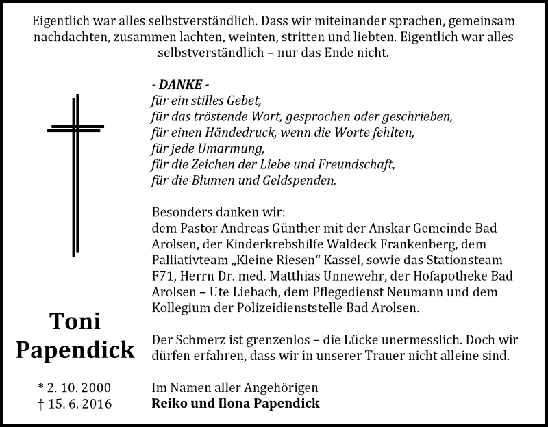  Traueranzeige für Toni Papendick vom 15.07.2016 aus Waldeckische Landeszeitung