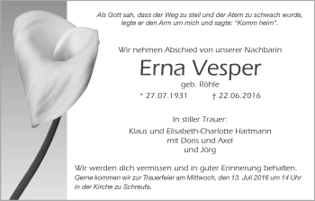 Traueranzeige von Erna Vesper von Waldeckische Landeszeitung