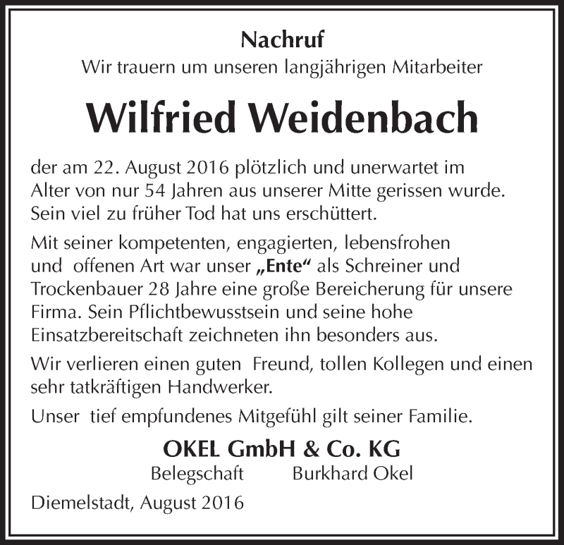  Traueranzeige für Wilfried Weidenbach vom 26.08.2016 aus Waldeckische Landeszeitung