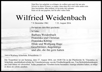 Traueranzeige von Wilfried Weidenbach von Waldeckische Landeszeitung