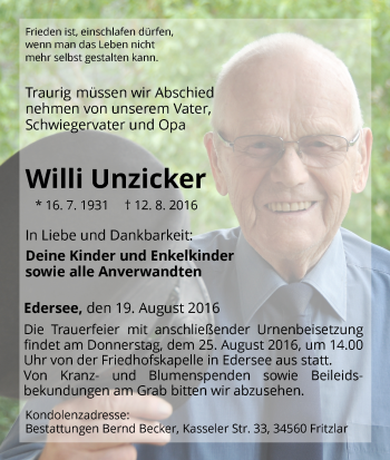 Traueranzeige von Willi Unzicker von Waldeckische Landeszeitung