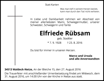 Traueranzeige von Elfriede Rübsam von Waldeckische Landeszeitung