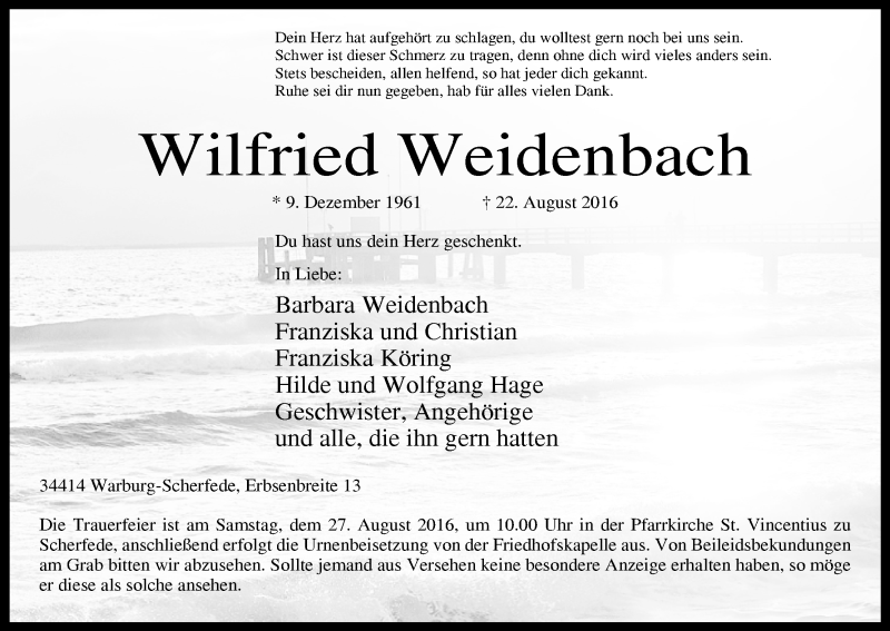  Traueranzeige für Wilfried Weidenbach vom 25.08.2016 aus Waldeckische Landeszeitung