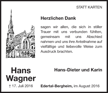 Traueranzeige von Hans Wagner von Waldeckische Landeszeitung