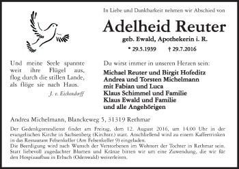 Traueranzeige von Adelheid Reuter von Waldeckische Landeszeitung