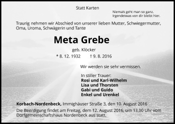 Traueranzeige von Meta Grebe von Waldeckische Landeszeitung