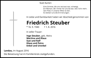 Traueranzeige von Friedrich Steuber von Waldeckische Landeszeitung