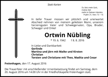 Traueranzeige von Ortwin Nübling von Waldeckische Landeszeitung