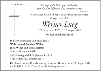 Traueranzeige von Werner Lueg von Waldeckische Landeszeitung