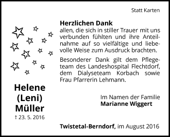 Traueranzeige von Helene Müller von Waldeckische Landeszeitung