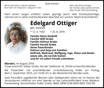 Traueranzeige von Edelgard Ottiger von Waldeckische Landeszeitung