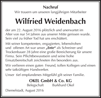 Traueranzeige von Wilfried Weidenbach von Waldeckische Landeszeitung