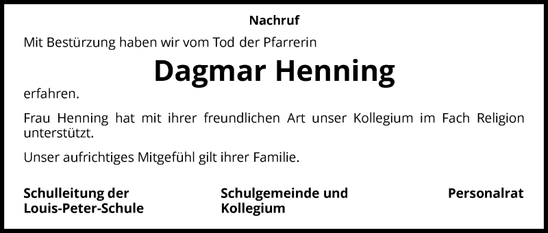  Traueranzeige für Dagmar Henning vom 31.08.2016 aus Waldeckische Landeszeitung