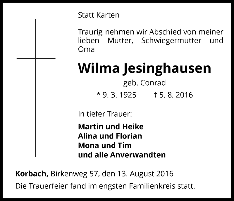  Traueranzeige für Wilma Jesinghausen vom 12.08.2016 aus Waldeckische Landeszeitung