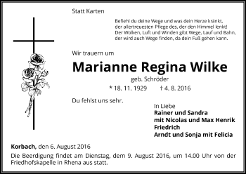 Traueranzeige von Marianne Regina Wilke von Waldeckische Landeszeitung