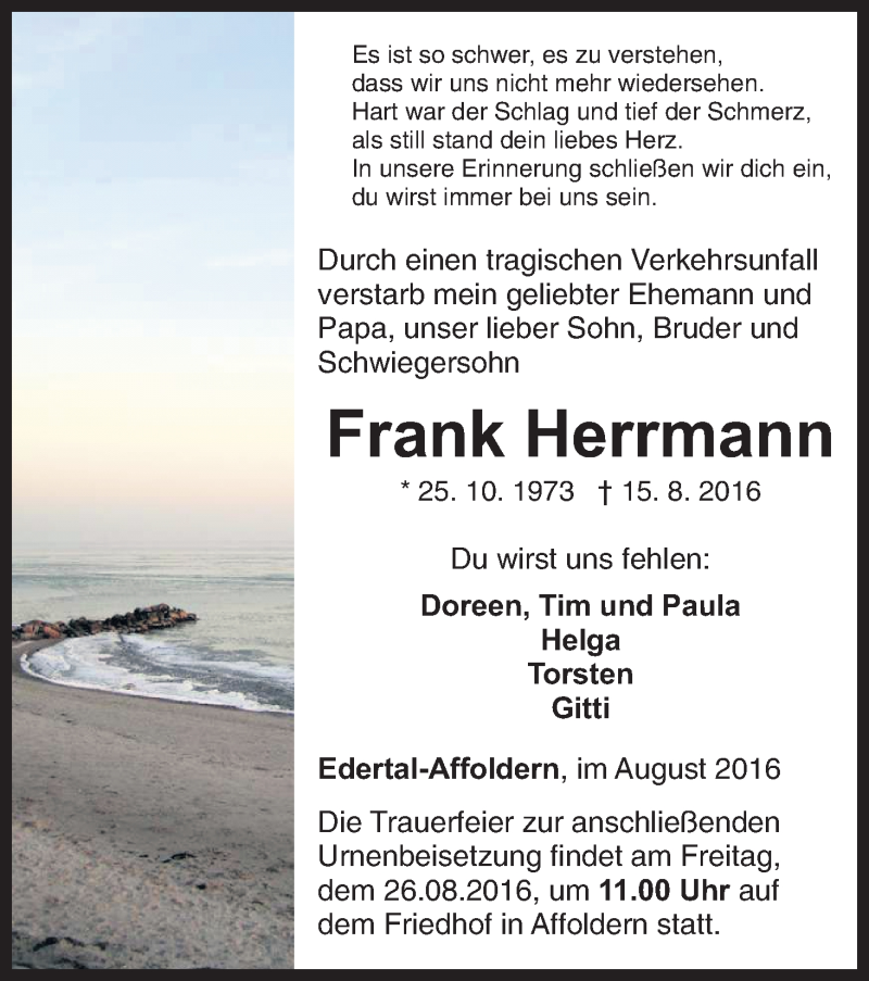  Traueranzeige für Frank Herrmann vom 23.08.2016 aus Waldeckische Landeszeitung