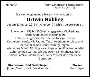 Traueranzeige von Ortwin Nübling von Waldeckische Landeszeitung