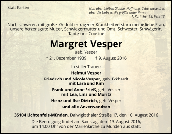 Traueranzeige von Margret Vesper von Waldeckische Landeszeitung