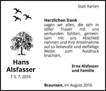 Traueranzeige von Hans Alsfasser von Waldeckische Landeszeitung