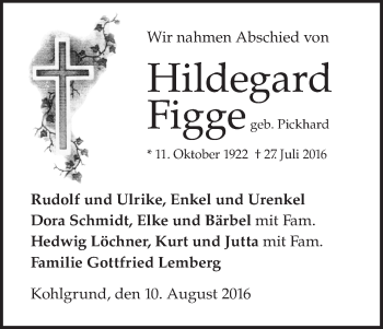 Traueranzeige von Hildegard Figge von Waldeckische Landeszeitung