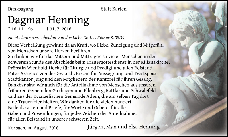  Traueranzeige für Dagmar Henning vom 27.08.2016 aus Waldeckische Landeszeitung