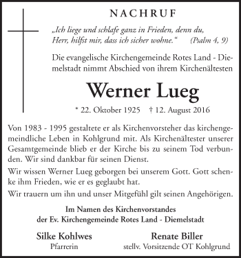 Traueranzeige von Werner Lueg von Waldeckische Landeszeitung