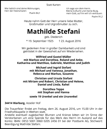 Traueranzeige von Mathilde Stefani von Waldeckische Landeszeitung