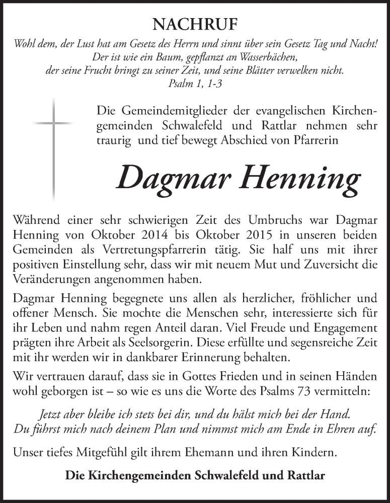  Traueranzeige für Dagmar Henning vom 09.08.2016 aus Waldeckische Landeszeitung