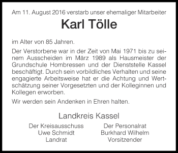 Traueranzeige von Karl Tölle von Waldeckische Landeszeitung