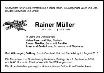 Traueranzeige von Rainer Müller von Waldeckische Landeszeitung