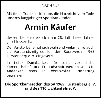 Traueranzeige von Armin Käufer von Waldeckische Landeszeitung