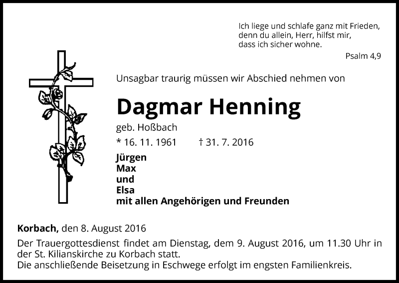  Traueranzeige für Dagmar Henning vom 06.08.2016 aus Waldeckische Landeszeitung