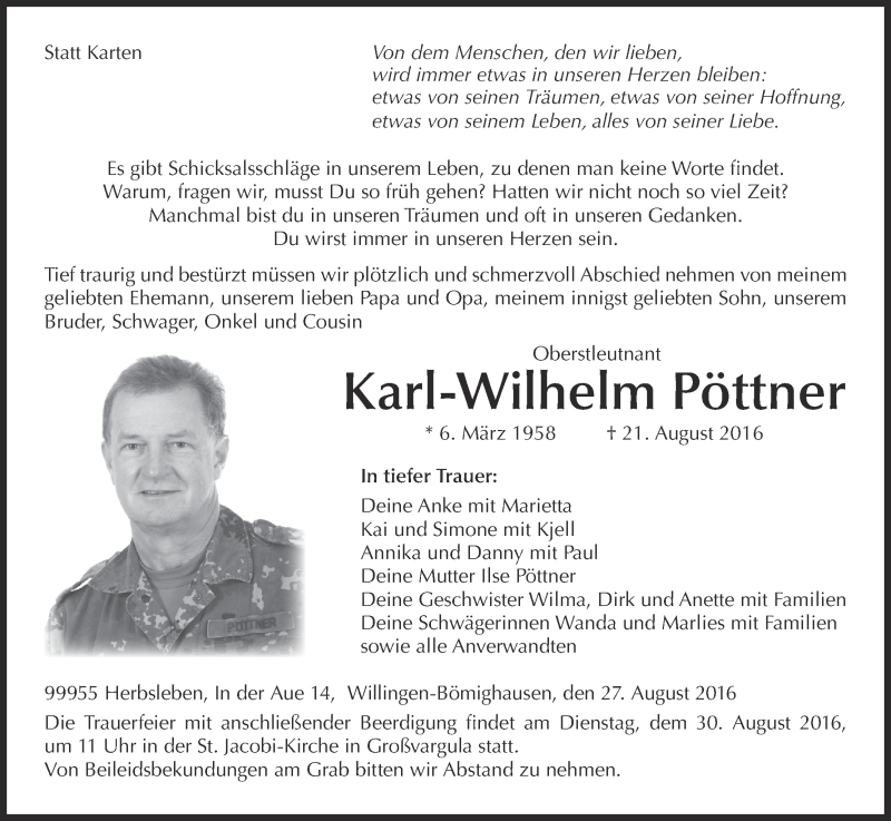  Traueranzeige für Karl-Wilhelm Pöttner vom 24.08.2016 aus Waldeckische Landeszeitung