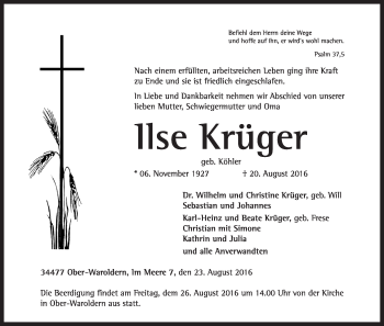 Traueranzeige von Ilse Krüger von Waldeckische Landeszeitung