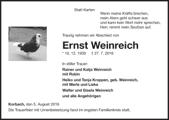 Traueranzeige von Ernst Weinreich von Waldeckische Landeszeitung