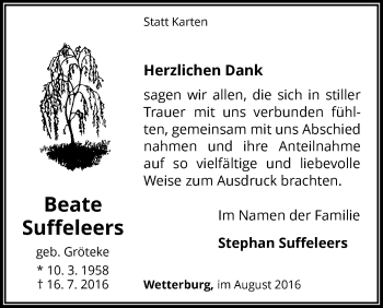 Traueranzeige von Beate Suffeleers von Waldeckische Landeszeitung