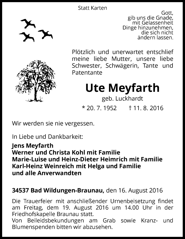  Traueranzeige für Ute Meyfarth vom 16.08.2016 aus Waldeckische Landeszeitung