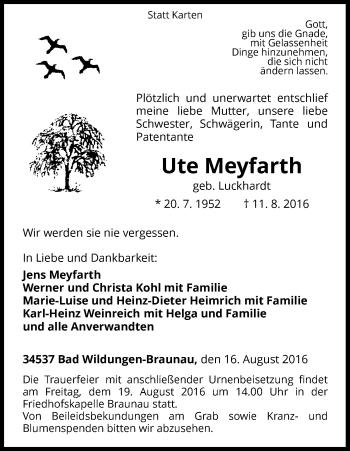 Traueranzeige von Ute Meyfarth von Waldeckische Landeszeitung