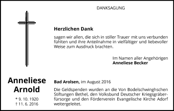 Traueranzeige von Anneliese Arnold von Waldeckische Landeszeitung