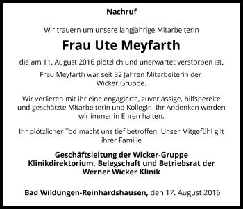 Traueranzeige von Ute Meyfarth von Waldeckische Landeszeitung