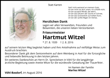 Traueranzeige von Hartmut Witzel von Waldeckische Landeszeitung