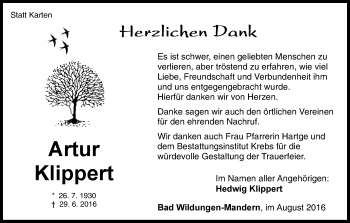 Traueranzeige von Artur Klippert von Waldeckische Landeszeitung