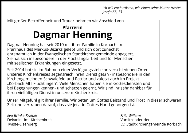  Traueranzeige für Dagmar Henning vom 09.08.2016 aus Waldeckische Landeszeitung