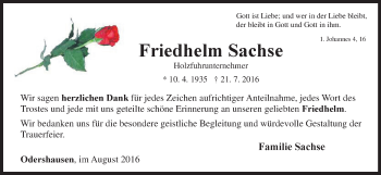 Traueranzeige von Friedhelm Sachse von Waldeckische Landeszeitung