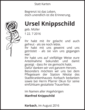 Traueranzeige von Ursel Knippschild von Waldeckische Landeszeitung