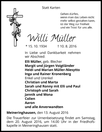 Traueranzeige von Willi Müller von Waldeckische Landeszeitung