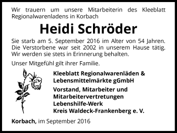 Traueranzeige von Heidi Schröder von Waldeckische Landeszeitung