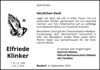 Traueranzeige von Elfriede Klinker von Waldeckische Landeszeitung