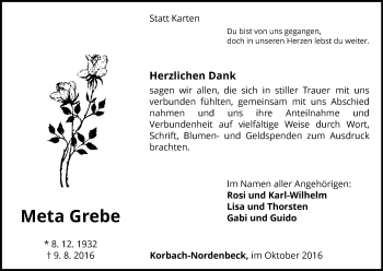 Traueranzeige von Meta Grebe von Waldeckische Landeszeitung