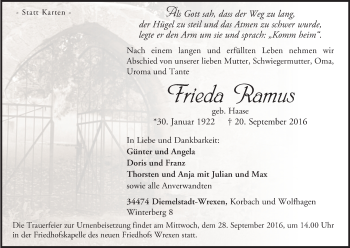 Traueranzeige von Frieda Ramus von Waldeckische Landeszeitung